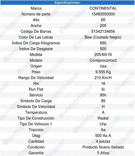 4 Llantas 205/65r16 95h Continental Contiprocontact Run Flat