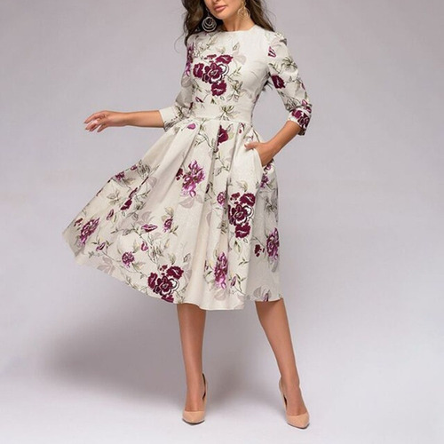 Vestido De Una Línea De Cuello Redondo De Flores Elegantes D