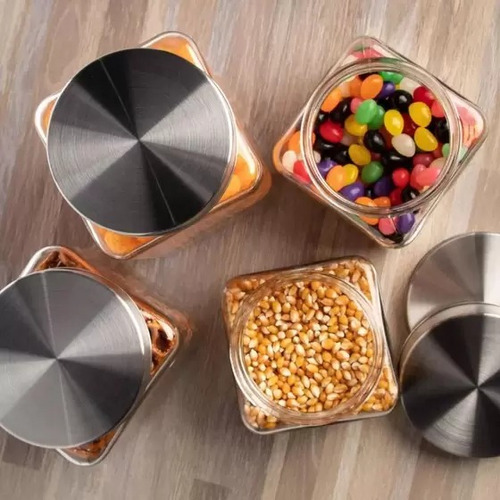 Pote Vidro Liso Tampa Inox Porta Mantimentos Quadrado 500ml