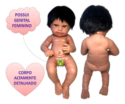 Boneca Bebê Reborn Real Realista Menina Recém Nascida Morena Com Cabelo Preto E Acessórios - Corpo Totalmente Em Vinil Muito Detalhado Linda Parece De Verdade - Cotiplás Brinquedos