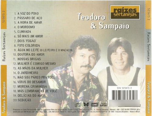 Cd - Teodoro & Sampaio - Raízes Sertanejas - Volume 2 - 1999 (Usado)