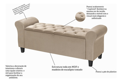 Recamier Banco Baú Paris 190 Cm Com Capitone Em Cores Quarto