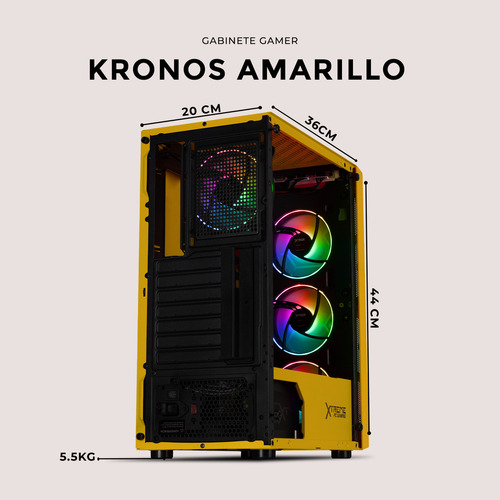 Gabinete Gamer XTREME PC GAMING Kronos Media Torre ATX 4 Fan ARGB Cristal Templado Amarillo