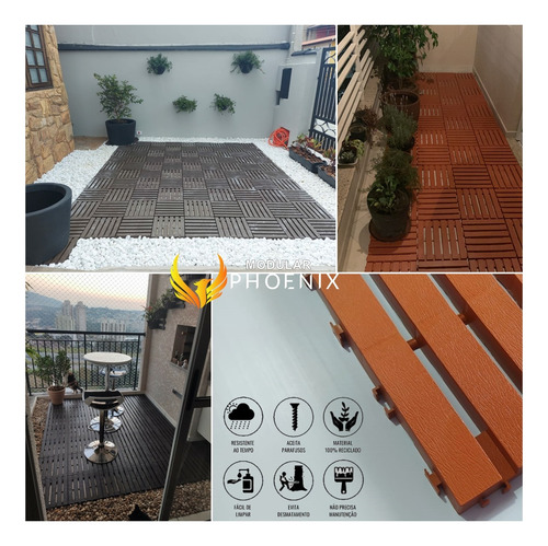 Kit 17 Deck Madeira Plástico Encaixe Modular Varanda Marrom-claro