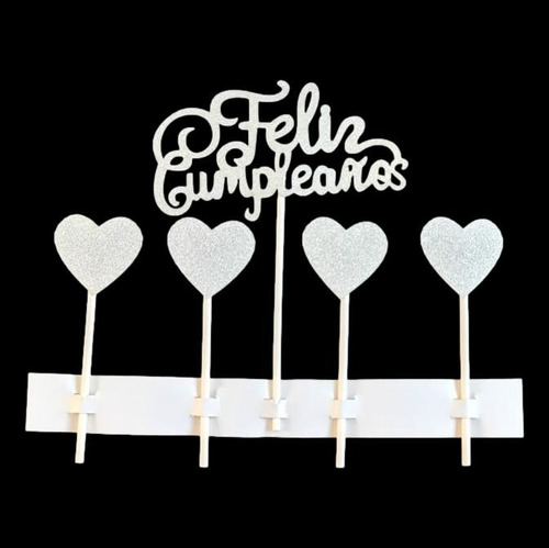 Topper Feliz Cumpleaños Corazones Color Plateado 