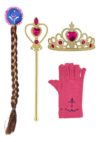 Disfraz Pelo Trenza Frozen + Varita + Corona + Guantes Rosa