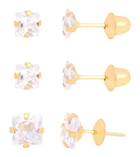 Imagem 1 de 2 de Trio De Brincos Carres De Zirconia Branca Em Ouro 10k