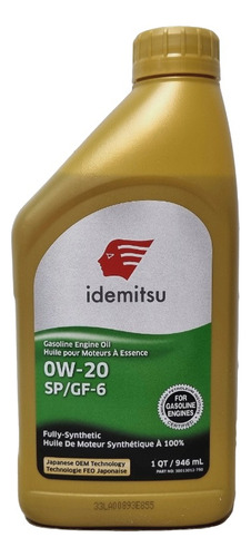 Aceite 0w20 Full Sintético Sp/gf-6 946 Ml Idemitsu