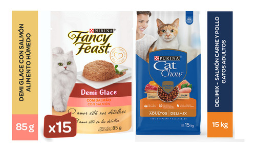 Cat Chow Delimix 15kg + Fancy Feast Demi Glace Salmon (x15)