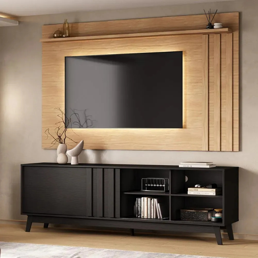 Conjunto Rack Preto E Painel Parede Cedro Ventura Carraro Cedro