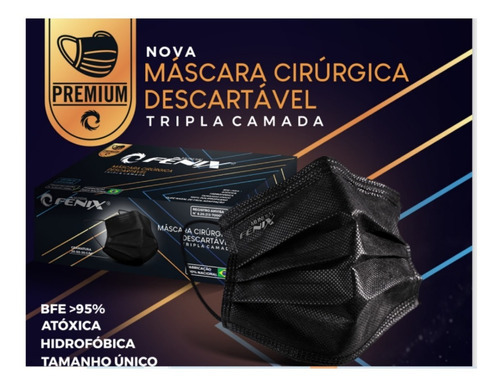 Máscara Descartável Cirúrgica Tripla Elástico Clipe Nasal Já Cor Preta