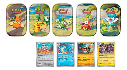 Pokemon 4 Cartas Coleccionables + 5 Mini Latas 