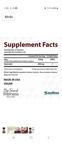 Quercetina Sistema Inmulogico Importado Usa