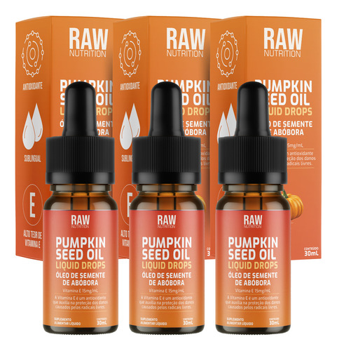 Kit 3x Óleo De Semente De Abóbora Liquido Em Gotas Sublingual Puro + Vitamina E, 30ml Prensado A Frio - Raw Nutrition
