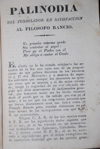 Camilo Henriquez Palinodia Filosofo Rancio 1823 Impreso