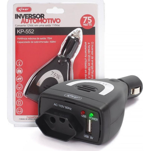 Inversor Conversor Carro 75w 12v P/110v Usb Kp-552 Knup