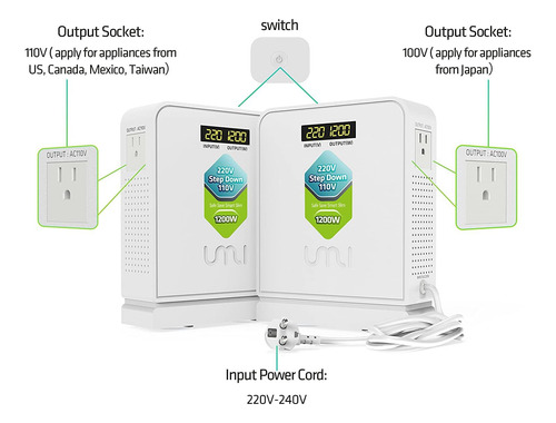 Convertidor De Voltaje Reductor Umi De 220 V A 110 V, 1200 V