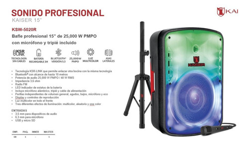 Bafle De 15 Pulgadas Kaiser Con Tripié Y Micrófono Ksw-5020r
