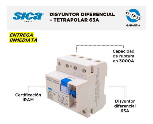 Imagen 2 de 6 de Disyuntor Diferencial Sica - Tetrapolar 63a - Garantía Iram