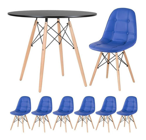 Kit Mesa Jantar Eames 90 Cm E 6 Cadeiras Estofada Botone Cor Mesa Preto Com Cadeiras Azul