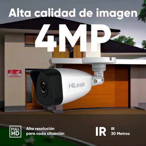 HiLook KIT DE CÁMARA + MONTAJE Cámara de Seguridad Tipo Bala IP 4 MP Con 30 mts IR Para Vision Nocturna Protección IP67 Para Uso Exterior Modelo IPCB140H(C)/XSP