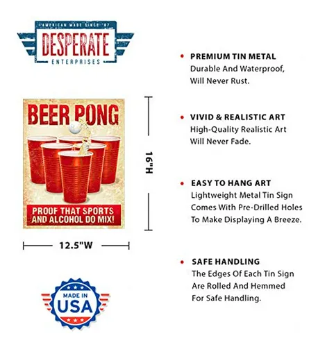 Cartel De Lata Beer Pong - Decoración Vintage - Hecho En Usa