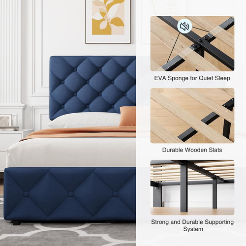 Base De Cama Matrimonial Idealhouse Tapizada En Lino Azul