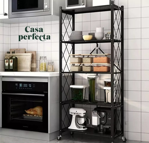 Estante Plegable 5 Niveles Móvil Metal Rueda Cosina Negro