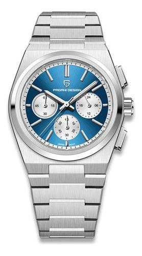 Relógio Pagani Design D/Quartz com cronógrafo D/100m, pulseira impermeável, cor: moldura prateada, cor de fundo prateada, cor de fundo azul