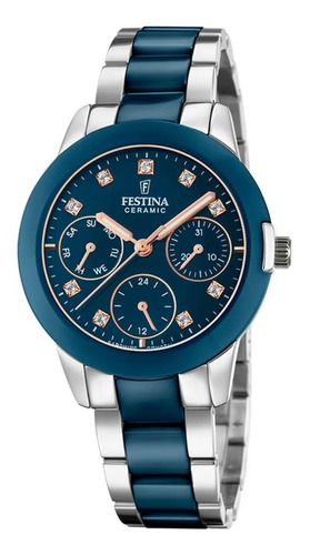 Reloj Festina Mujer Ceramica Azul Rose Piedras 50m F20497.2