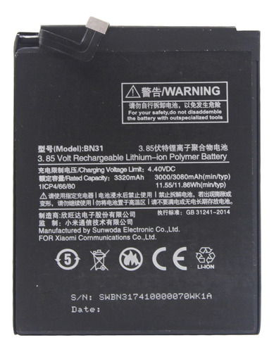 Bateria Para Xiaomi Redmi S2 Mi A1 5x Mdg2 Bn31 3080 Mah