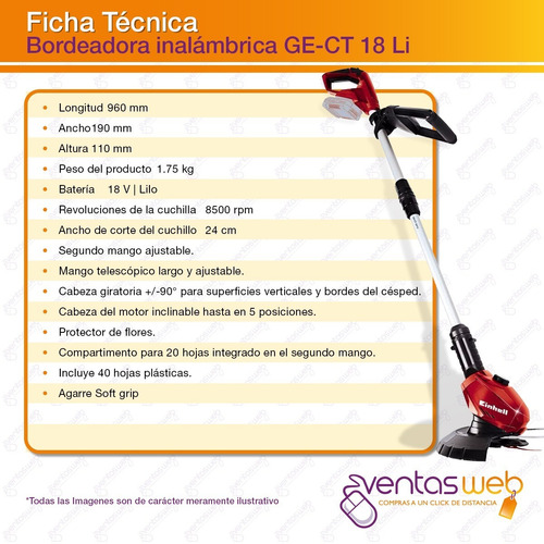 Imagen 7 de 8 de Bordeadora Inalambrica Einhell + 40 Cuchillas Bateria 3 Amp