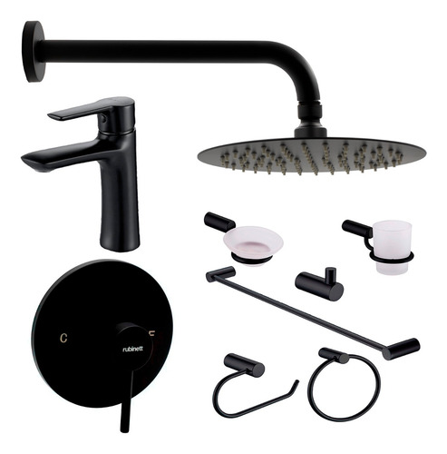 Regadera 20 Cm Set Completo 9 Pz 2 Monomandos Negro Mate
