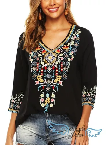 Camisa Mujer Mexicana Tops Bohemia Blusas Bordada Tops | Meses sin intereses