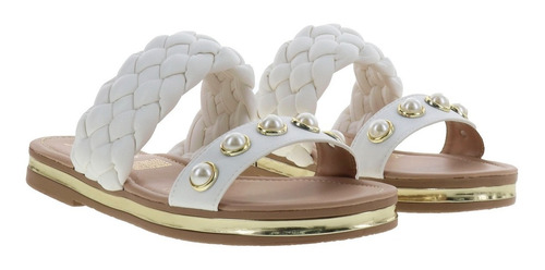 Sandalias Casuales De Piso Doble Tira Con Perlas Mujer