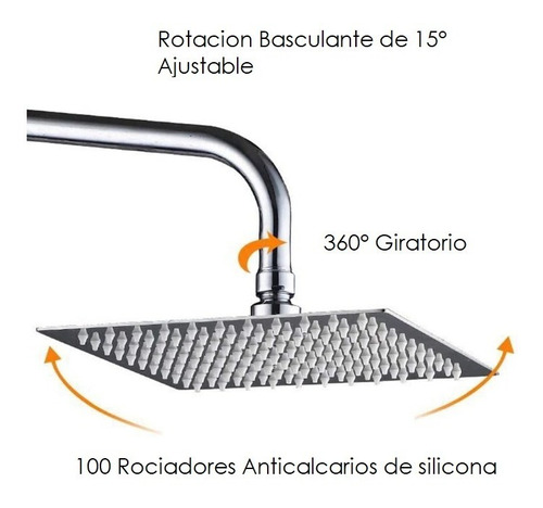 Imagen 2 de 9 de Ducha Cuadrada Lluvia Acero Inox 20x20 + Barral 40 Env