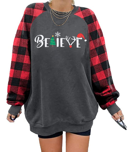 Sudadera Believe Para Mujer Gran Tamaño Casual Cuadro Raglan