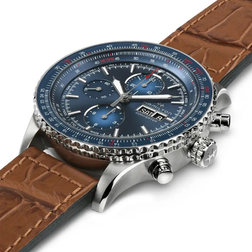 Reloj Hamilton Khaki Aviation Converter H76746540 Correa Marrón Bisel Azul Oscuro Fondo Azul Oscuro