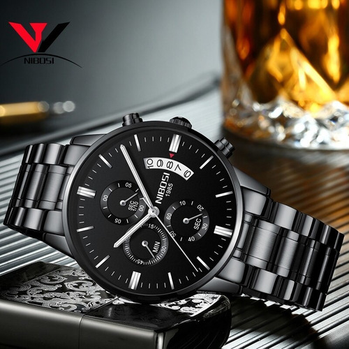 Imagen 3 de 6 de Reloj De Hombre Nibosi Negro Impermeable Con Cronógrafo