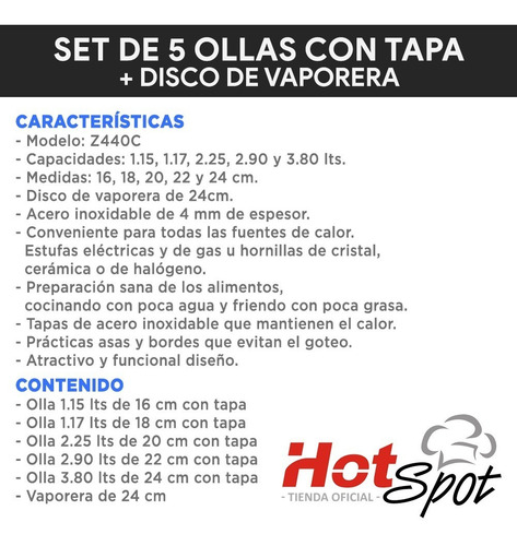 Imagen 3 de 6 de Batería De 5 Ollas Con Tapa Y Disco Vapor Hot Spot Cocina
