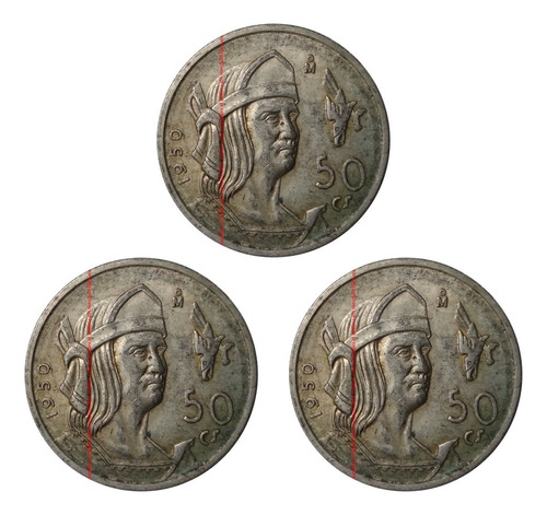Lote 3 Monedas 50 Centavos 1950 Mexico Cuauhtemoc Plata 0.3