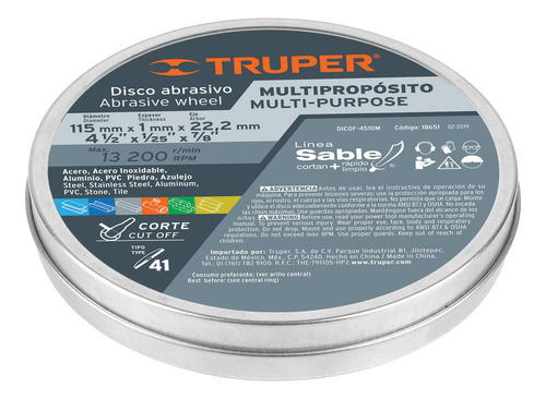 Disco Corte Multimaterial 4-1/2 X 1 Mm Truper 18651