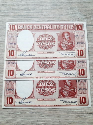 Imagen 1 de 3 de Billetes 10 Pesos 1 Condor Correlativos Manuel Bulnes