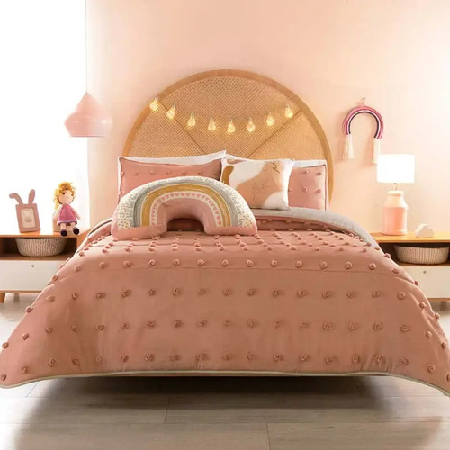 Colcha King Size Rosa Con Pompones C/ Fundas Y Cojin