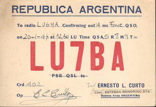 Tarjeta Qsl - De Lu7ba A Lu6ha (año 1947)