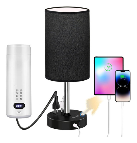 Lámpara De Mesa Negra Con Puertos De Carga Usb A C Y Salida