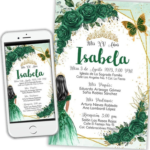 Invitacion Xv Años Vestido Verde Mariposas Personalizada