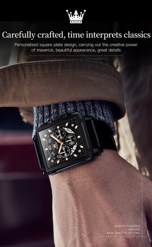 Reloj Olevs Square Chronograph Fashion Para Hombre, Piel Neg