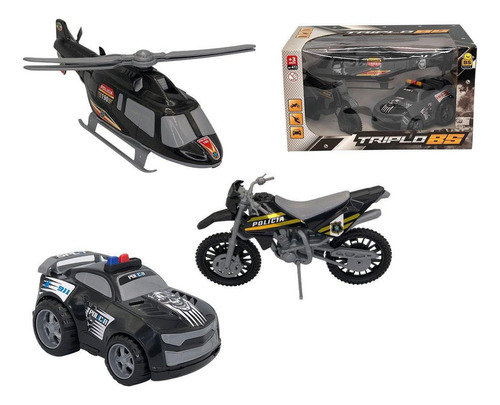 Kit Brinquedos Divertido Carro Moto E Helicóptero De Polícia