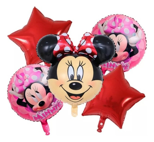 Set Bouquet 5 Globos Minnie Moño Rojo 60cm 3d+4 De 45cm